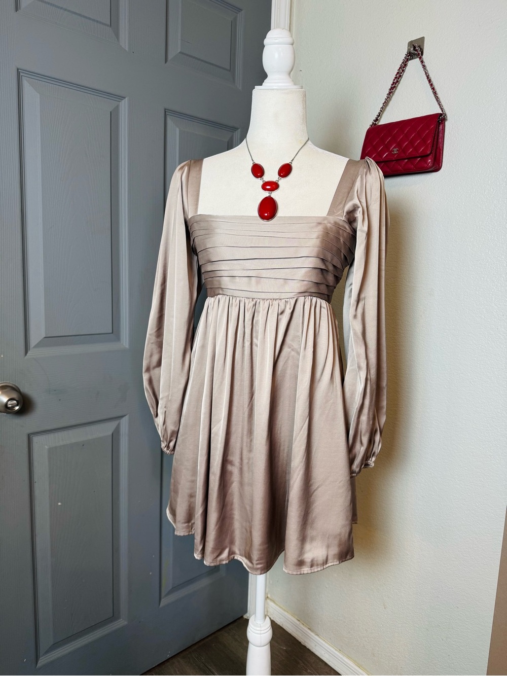 NWT Abercrombie & Fitch Satin Babydoll Mini Dress Small Champagne Puff Sleeve